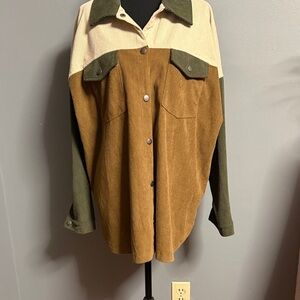 altered state size medium Colorblock Corduroy Shacket in Olive, Tan & Cream